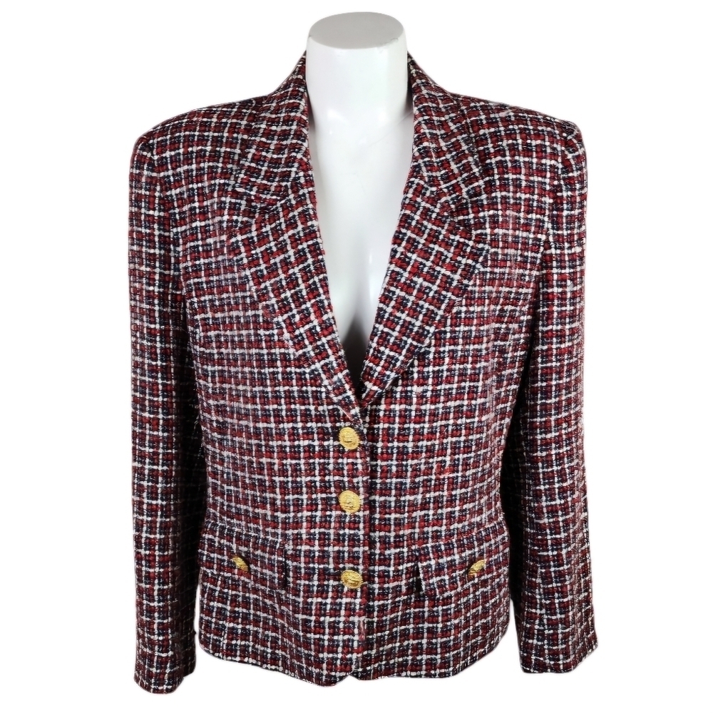 Vintage 80s Boucle Single Breasted Blazer Red White Blue Lion Insignia Buttons